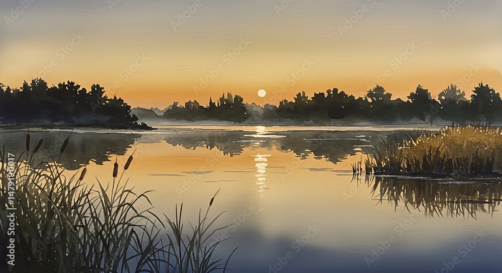 Obraz premium Landscape with lake and reeds at sunset, silhouettes marsh plants, watercolor illustration