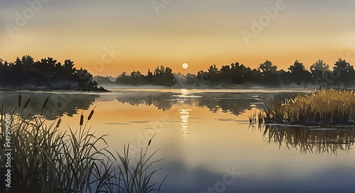  Landscape with lake and reeds at sunset, silhouettes marsh plants, watercolor illustration
