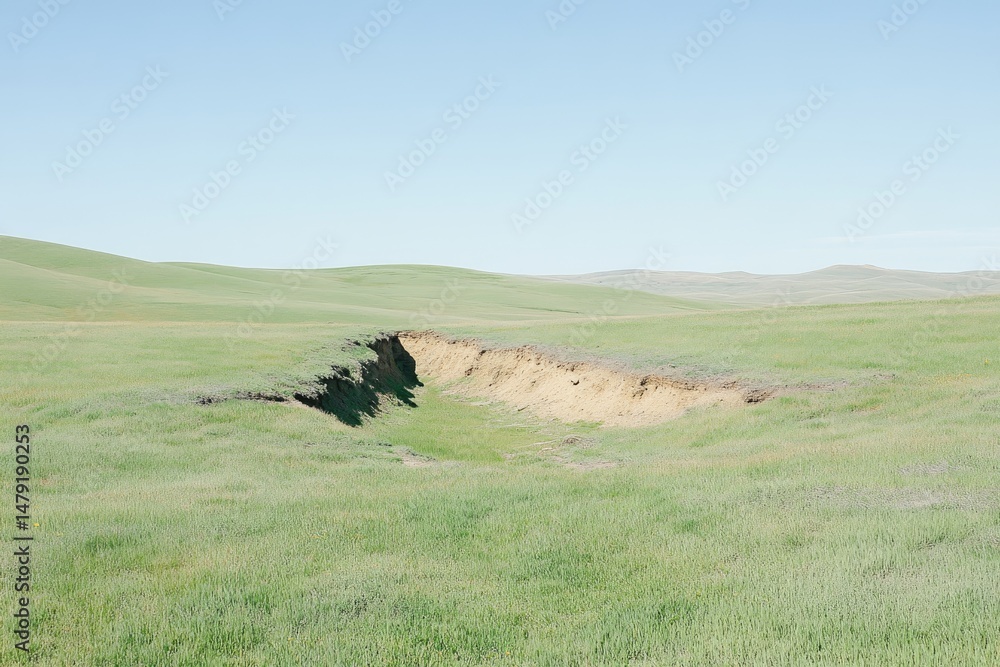 Obraz premium A grassy plain with a large, exposed earth fissure.