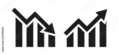 Graph going Up and Down sign with green and red arrows. Bullish trend. Bear market, bearish trend. Rising and downward trend. Vector illustration