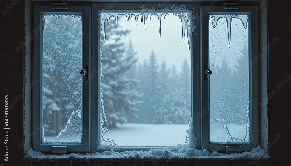 Obraz premium Frosted window with icicles overlooking snowy forest 