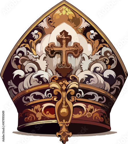 Baroque Papal Mitre with Intricate Gold Cross and Ornamental Scrollwork – Luxurious Catholic Bishop Hat Vector on White Background