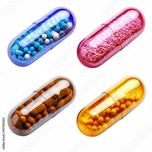 Colorful medicine capsules isolated on transparent background cutout
