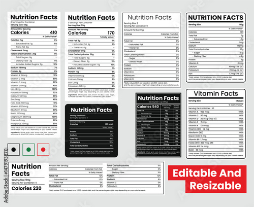 Facts nutrition, nutrition facts, Vitamin facts for food package label  template set. food calories, fats, serving, dietary, calcium, and protein. Vector editable set.