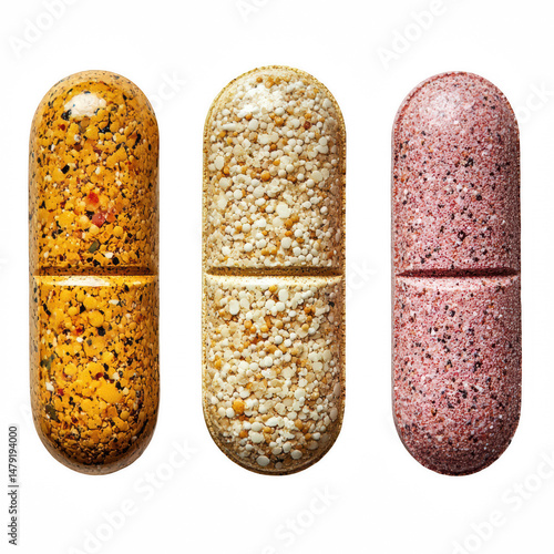 Three colorful capsules isolated on transparent background cutout