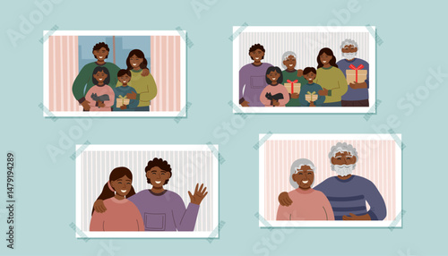 A set of family photos on the photo album page. Photos cliparts. Family and memories concepts. Vector flat backgraound.