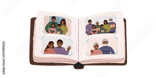 Photo album with family photos. Photos cliparts. Family and memories concepts. Vector flat backgraound.