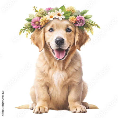 Golden Retriever dog wearing a flower crown clipart watercolor , white background 