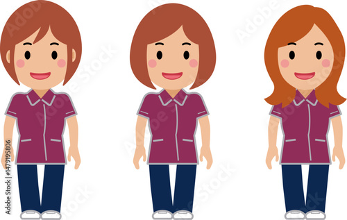 笑顔で両手を下ろし、えんじ色の制服を着た看護師の女性