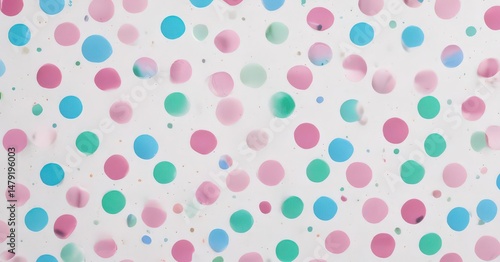 White backdrop, varied sized colored dots; pink, blue, green, modern, vibrant, pastel