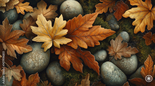 Autumn leaves nestled among smooth stones