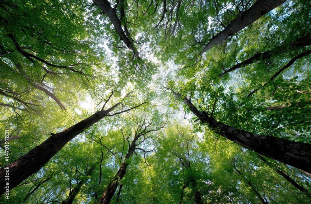 Fototapeta premium Lush forest canopy seen from below, bright sunlight filtering through trees.