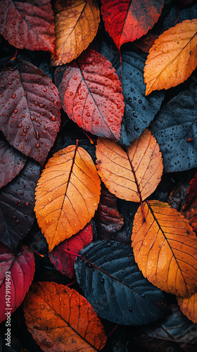 Autumn leaves vibrant colors rainy