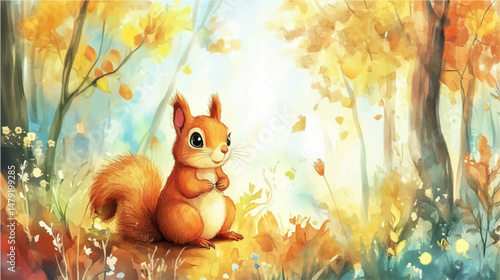  Cute little squirrel in the forest, vector watercolor illustration