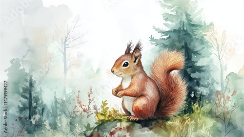  Cute little squirrel in the forest, vector watercolor illustration