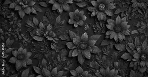 Wallpaper Mural Intricate charcoal floral pattern, abstract botanical design, dark grey, monochrome, elegant Torontodigital.ca