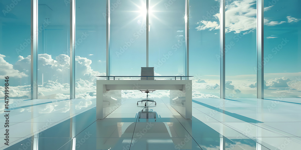 Obraz premium Sleek Serenity: A Sunlit Modern Office with Glass Walls and Sky Views