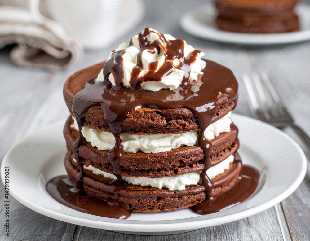 Decadent stack of chocolate pancakes topped with whipped cream and drizzled with rich chocolate sauce, perfect for sweet breakfast or dessert indulgence Decadent stack of chocolate pancakes topped with whipped cream and drizzled with rich chocolate sauce, perfect for sweet breakfast or dessert indulgence