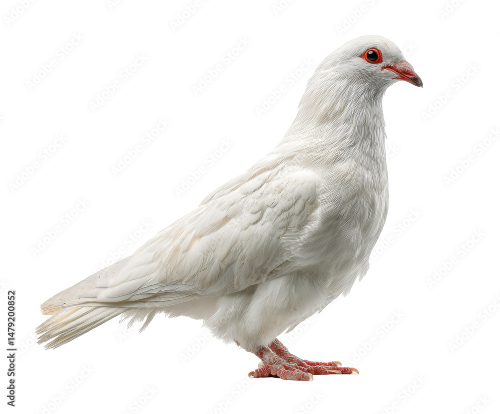 Naklejka premium Majestic white dove with striking red eyes symbolizing peace and hope on a transparent background, cut out
