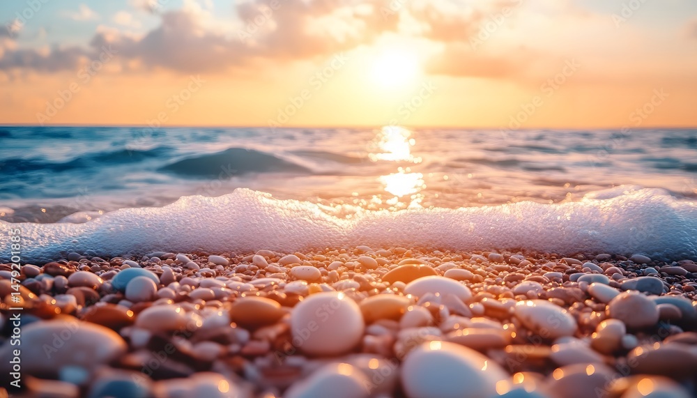 Obraz premium Golden sunset over a pebble beach with foamy waves.
