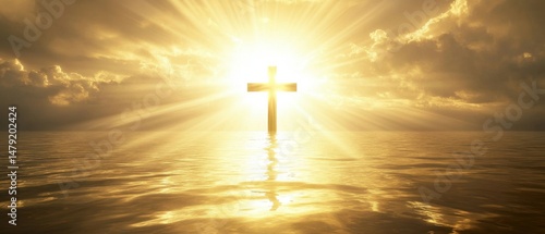 Christian Cross Shining Brightly Over Calm Water at Sunset with Golden Light Rays and Clouds Symbolizing Faith and Hope