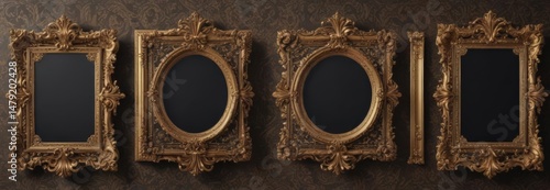 Ornate frames in diverse shapes against rich damask  ,  element,  luxury,  silver