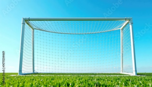 Empty soccer goal net against a bright blue sky , markings, soccer goal