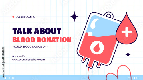 Flat Cartoon Vector of World Blood Donor Day Video Thumbnail Design