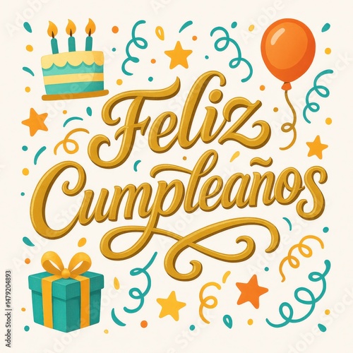 feliz cumpleaños, Birthday graphic with cake balloon and gift