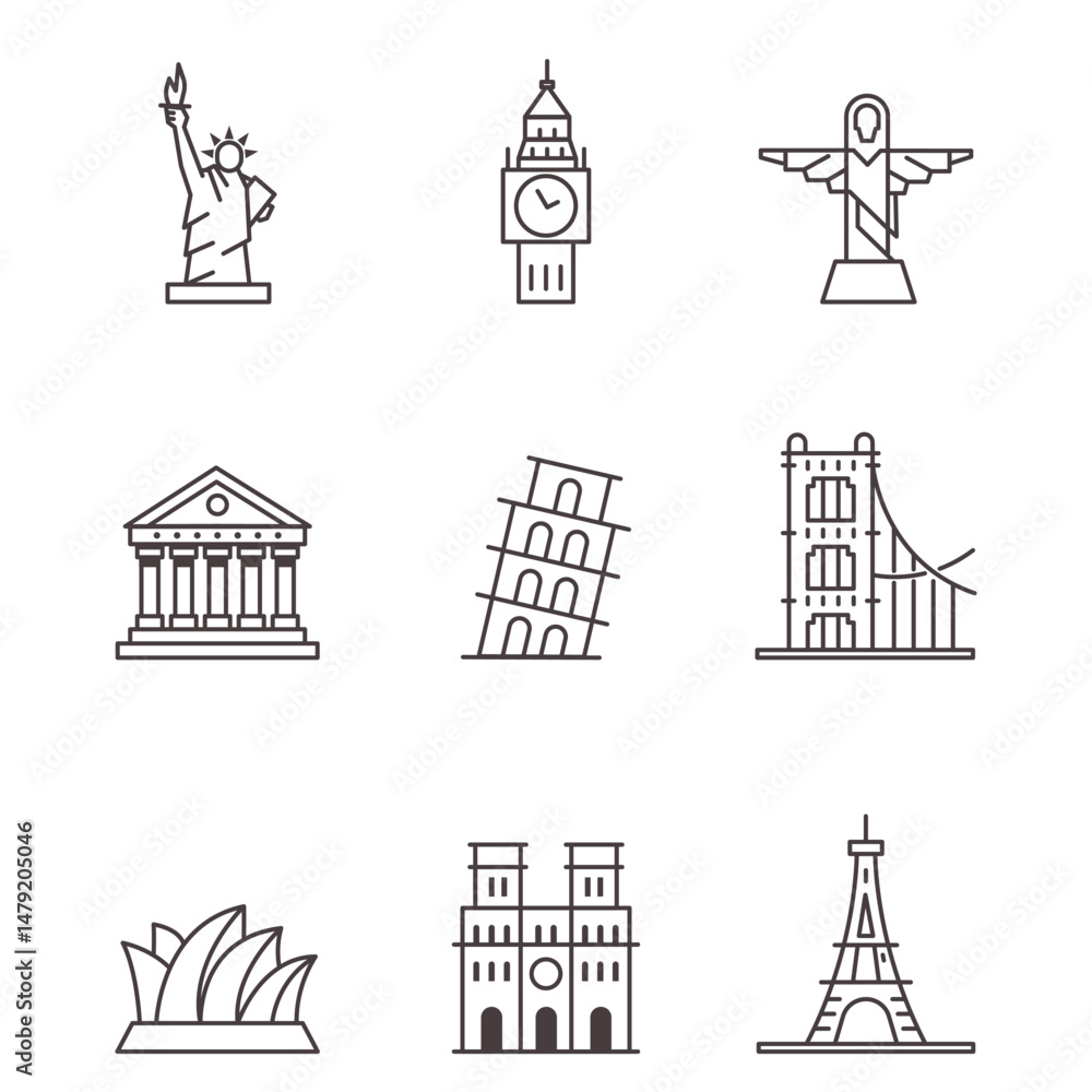 Fototapeta premium Famous Landmarks Icon Set – 9 World Monuments in Line Style