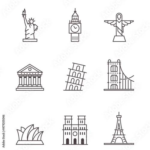 Famous Landmarks Icon Set – 9 World Monuments in Line Style