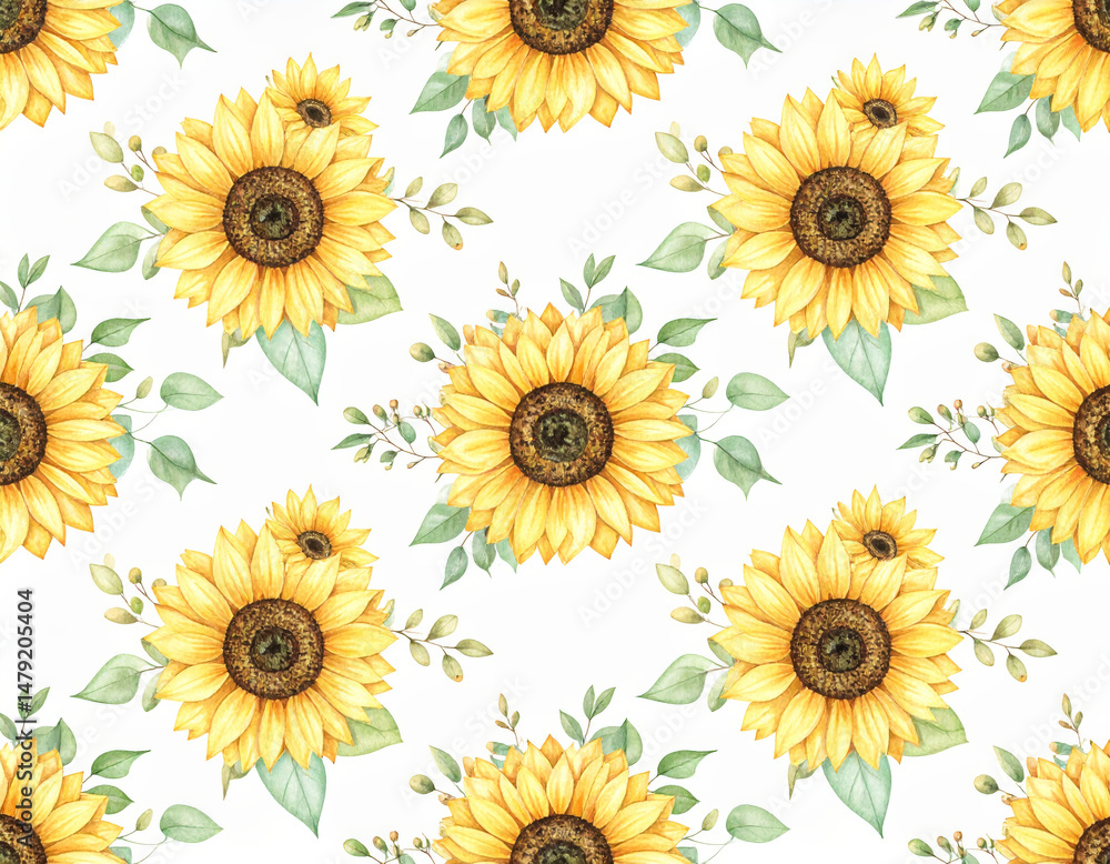 Beautiful sunflower floral pattern with vibrant yellow flowers and green leaves, creating cheerful and lively atmosphere. Perfect for various design projects Beautiful sunflower floral pattern with vibrant yellow flowers and green leaves, creating cheerful and lively atmosphere. Perfect for various design projects