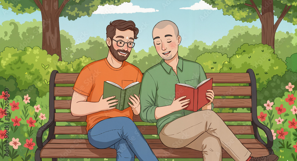 Fototapeta premium Two lovers reading books together on a bench in a sunny park 
