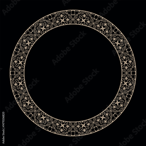 Oriental vector gold round pattern with arabesques and floral elements. Traditional classic ornament. Round ornamental frame, Luxury frame, Arabic, Andalusian, Oriental, Arabesque styles. Plate frame