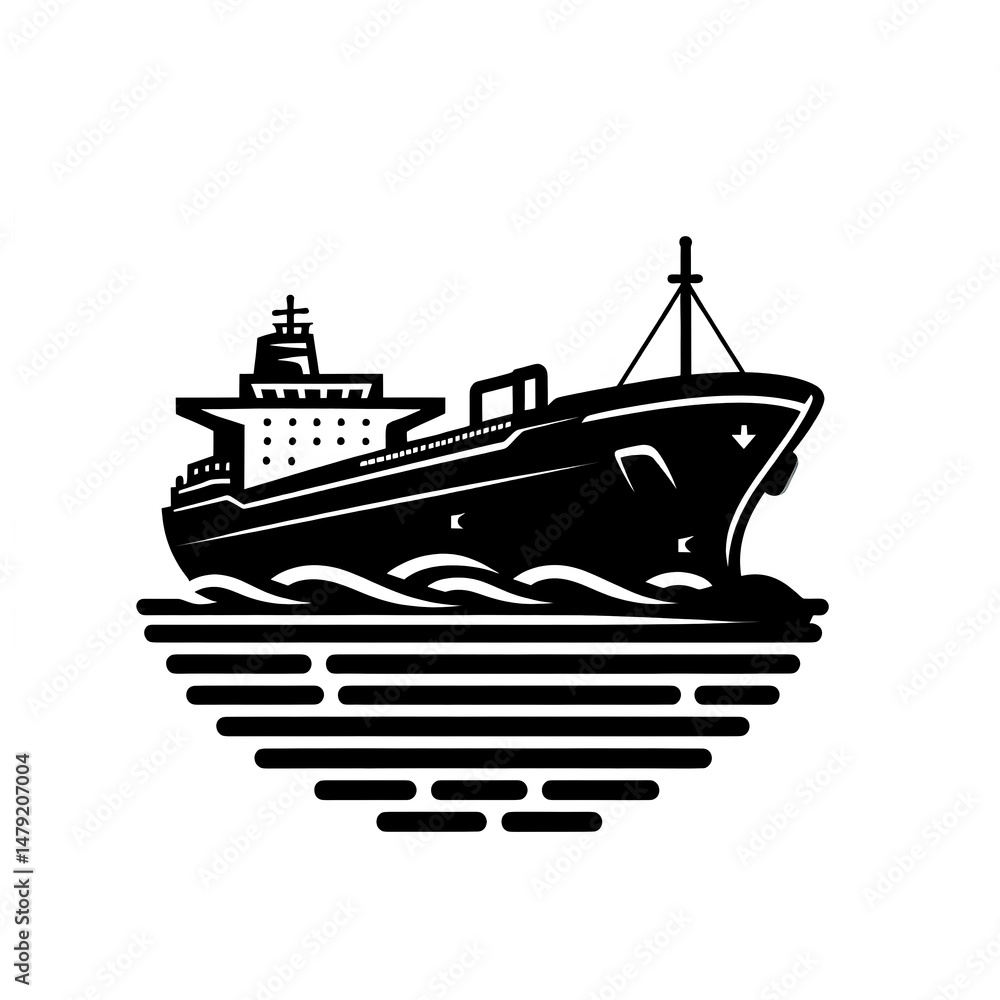 Obraz premium Symbolic black and white vector illustration of a tanker ship on a white background.