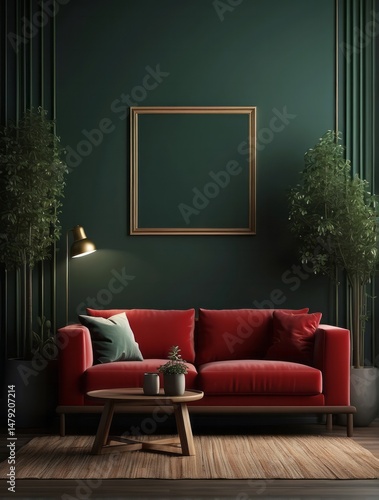 Mockup frame in dark green home interior with red sofa, table and decor
