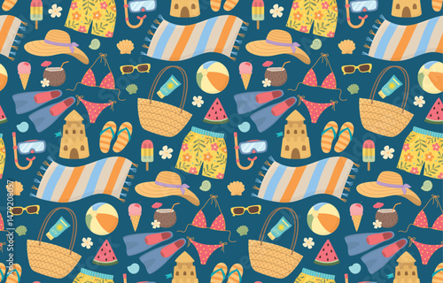 Seamless pattern with summer objects. Blue background with colorful accessories for vacation and travel