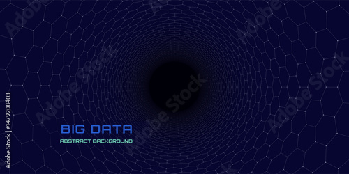 Abstract  background  hexagonal grid tube on dark. Technology concept virtual  tunnel.  Banner for business, science and technology data analytics. Big Data.