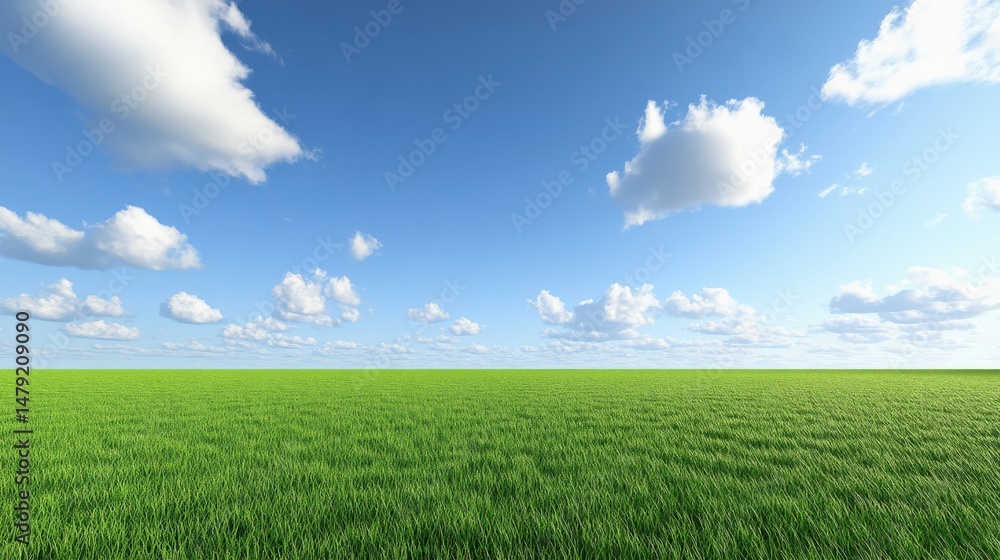 Obraz premium Lush Green Grass Landscape Under Clear Bright Blue Sky with Clouds