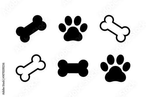Dog bone and paw print vector icon illustration
