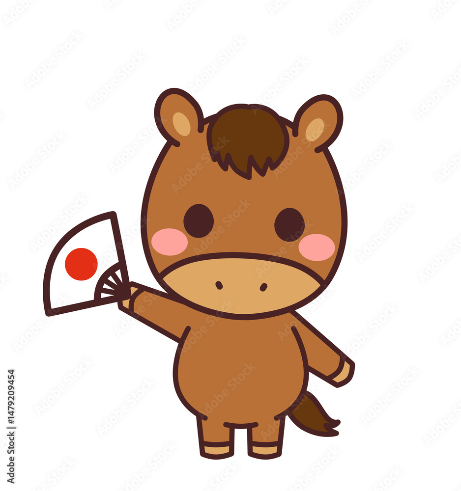 Fototapeta premium 扇子を持った馬のかわいいキャラクター イラスト素材