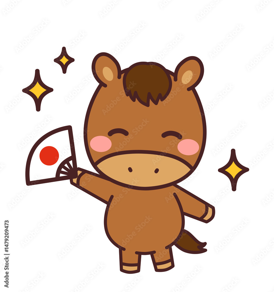Fototapeta premium 扇子を持った馬のかわいいキャラクター イラスト素材