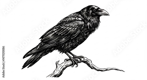 Intricate Raven Ink Drawing Perched Serene on Branch. AI Generated