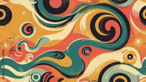 Retro stripes, 70s wavy lines, vintage color palette, minimalist design, flowing ribbon lines, abstract curved paths, warm tones, cream background ,swirl