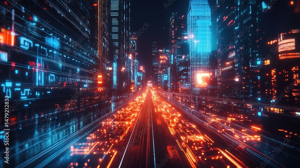 A holographic traffic system managing an advanced futuristic metropolis 