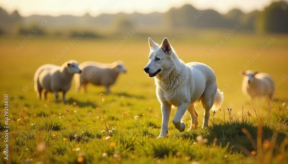 Obraz premium Sheepdog attentively herding sheep in a field, canine, working animals, wool