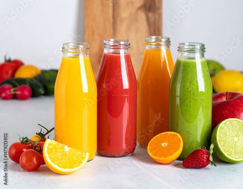 Freshly made fruit juices in vibrant colors showcasing variety of flavors. bottles contain orange red yellow and green juices surrounded by fresh fruits like oranges strawberries and tomatoes