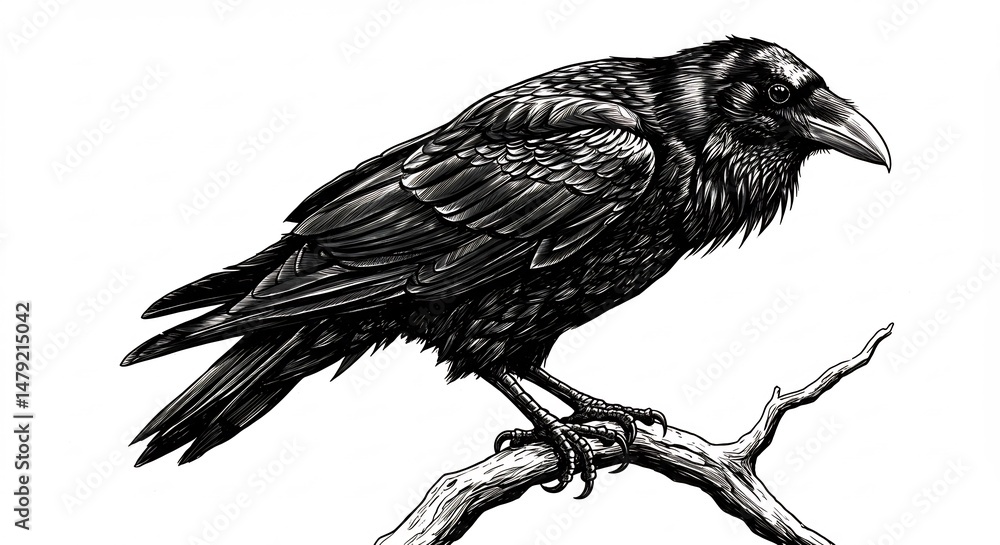 Fototapeta premium Intricate black and white raven drawing perched serenely on a weathered branch.. AI Generated
