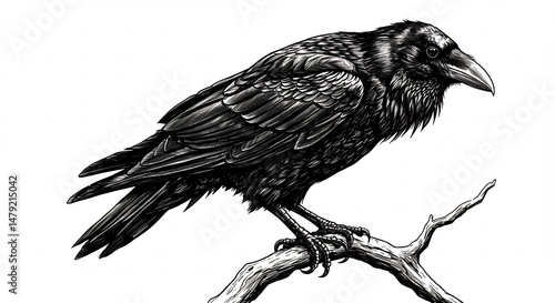 Intricate black and white raven drawing perched serenely on a weathered branch.. AI Generated