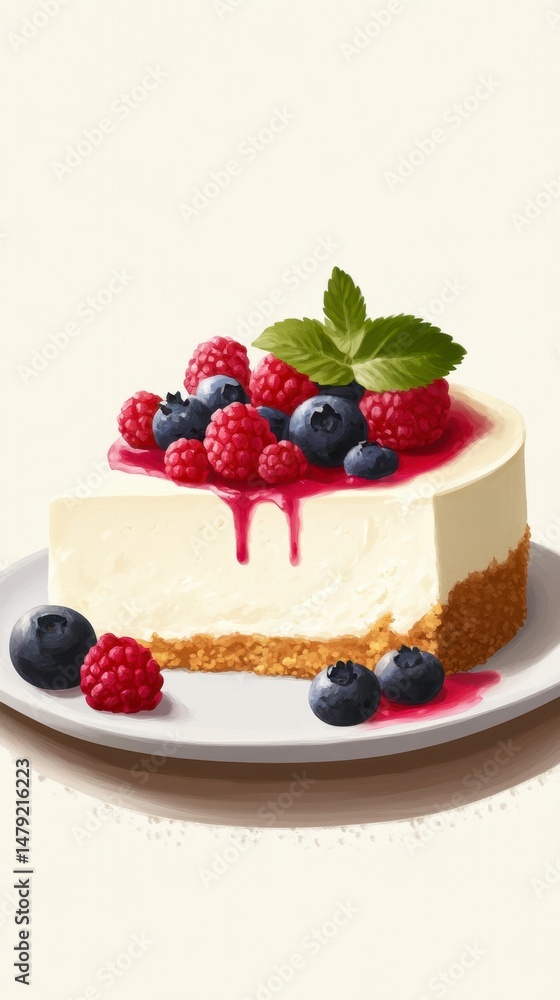 Creamy Cheesecake with Berries and Sauce Garnish on White Plate Creamy Cheesecake with Berries and Sauce Garnish on White Plate